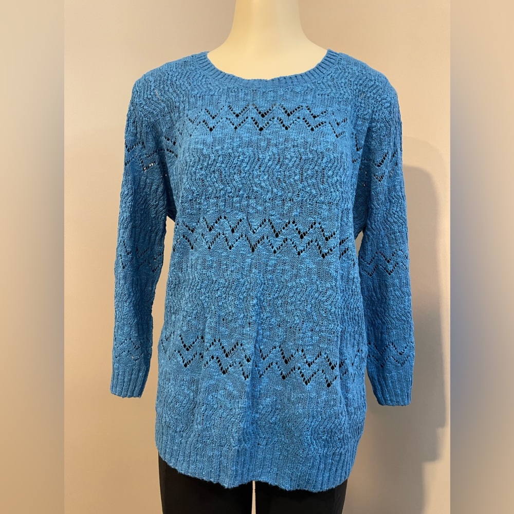 NWT Jones NY Sport open knit stitch lightweight blue pullover sweater
